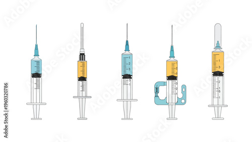 Medical Syringes Set with Vaccine and Medication. Healthcare Injection Tools Collection. Vector Icons.