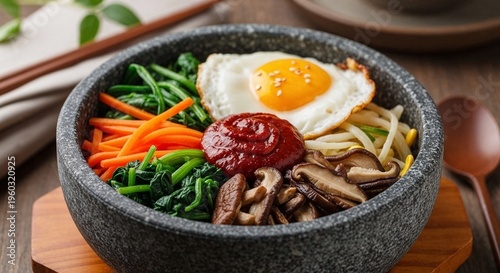 Korean bibimbap with inviting warm mood featuring vibrant vegetables and fried egg in stone bowl on rustic background