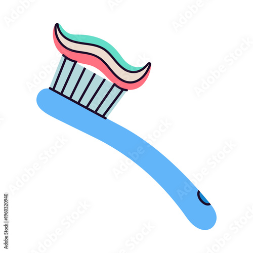 Toothbrush vector illustration. Brush for personal hygiene procedures, with toothpaste. Oral care, teeth cleaning, gum disease prevention. Morning dental routine. Hand drawn cartoon clip art for kids