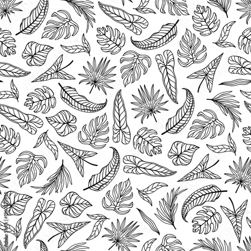 Tropical leaves seamless vector pattern. Monstera, banana, fan palm, liana plants. Hand drawn botanical ornament, black and white background. Rainforest, exotic tree branch. Vintage floral silhouette