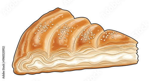 Flaky pastry slice with creamy filling and sesame seeds, isolated on white background