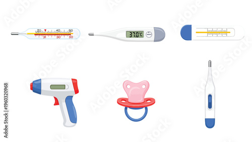 Health & Baby Care Essentials: Diverse Thermometers (Mercury, Digital, Infrared) and Pacifier Set