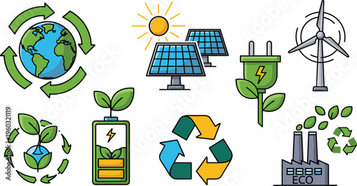 Eco friendly sustainability icons set featuring recycling renewable energy solar panels wind turbine green battery and environmental protection vector illustration