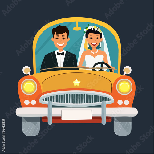Happy Newlywed Couple Riding in a Classic Vintage Wedding Car After Ceremony
