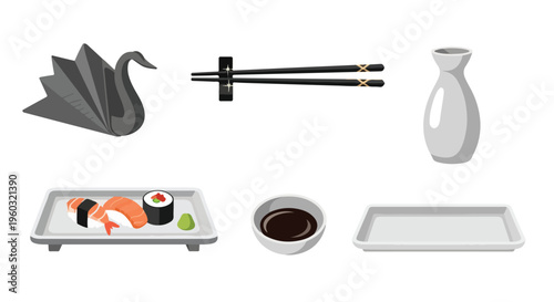 Flat lay of sushi on a plate with soy sauce, chopsticks, sake bottle, and decorative leaf on white background.