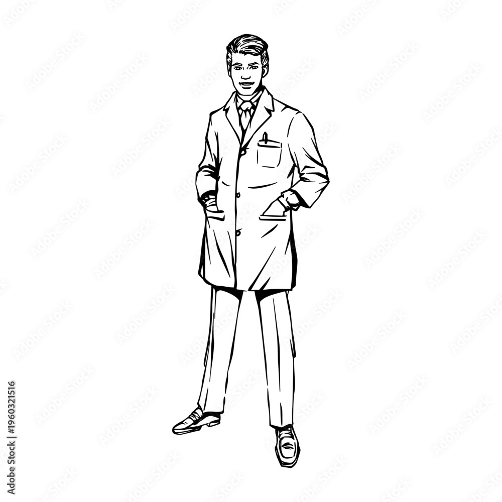 Obraz premium Professional Male Doctor Standing Pose Vintage Line Art Illustration