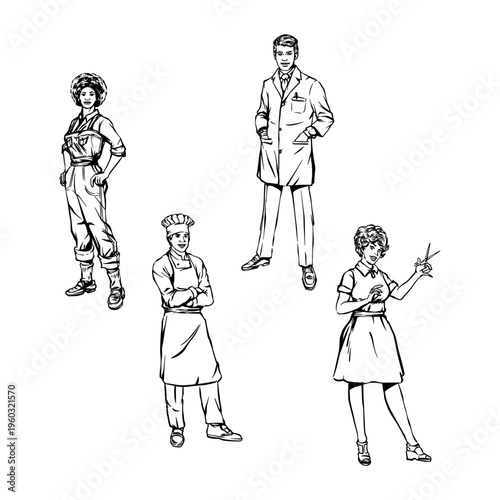 Collection of four black and white vintage-style illustrations featuring different professions: factory worker, doctor, chef, and hairdresser.
