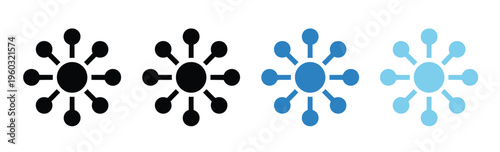 Hub and spoke network diagram icon set, central node with connected spokes in line and solid styles, black and blue color variations symbolizing data flow, connectivity, and information exchange.