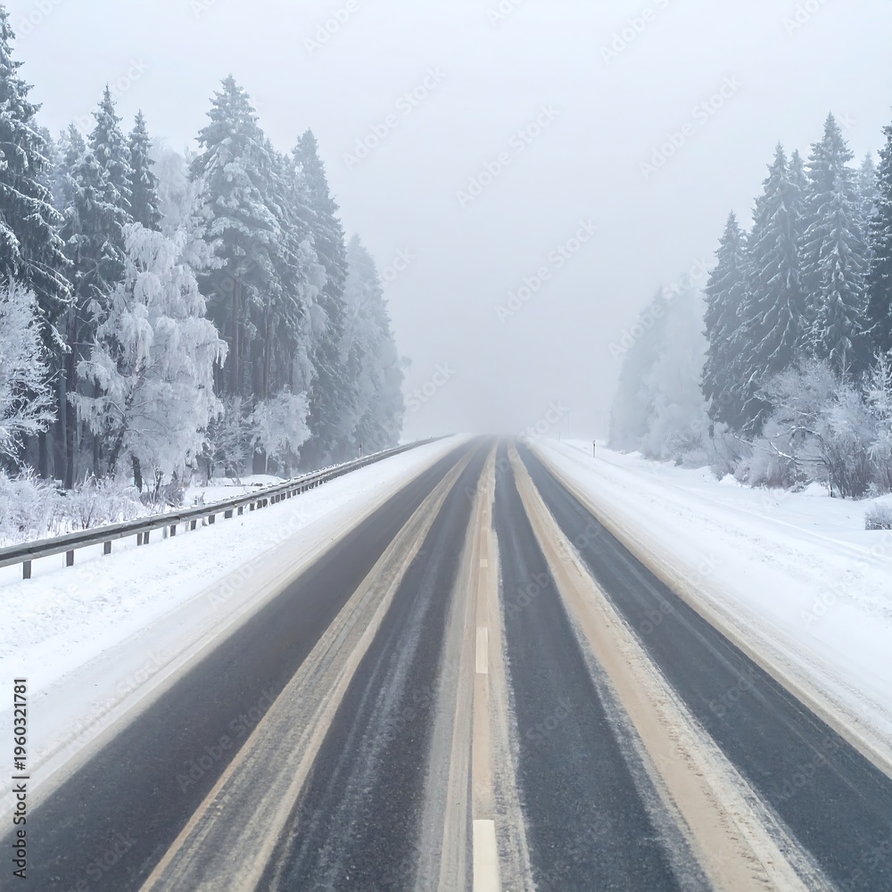 Obraz premium Winter Road Through Snowy Forest - A Serene Journey.