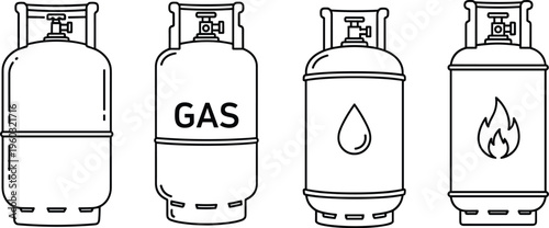 Vector Line Art Illustration of Gas Cylinders and Propane Tanks Featuring Various Fuel Symbols for Industrial Energy and Cooking Applications