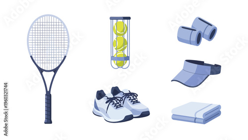 Tennis Equipment and Accessories Set: Racket, Balls, Shoes, Visor, Wristbands, Towel. Sport Gear Collection.