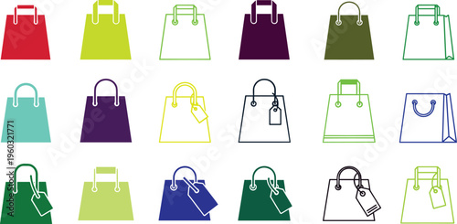 Vector Shopping Bag Icon Set Featuring Various Colorful Designs with Tags Representing Retail Sales E-commerce Promotions Boutique Branding and Consumerism