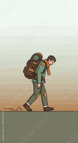 Lone Traveler With Heavy Backpack Embarking On A Solitary Journey Through Barren Terrain