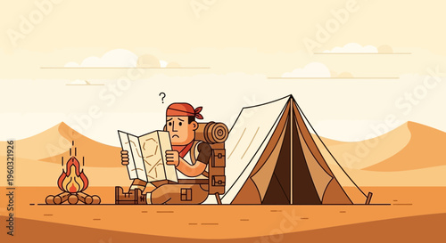 Lost Adventurer Confused By Desert Map Beside Campfire And Tent