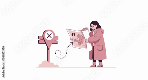 Lost Direction Woman Confused By Map Near Incorrect Signpost
