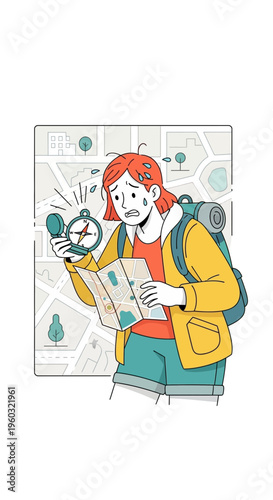 Lost Explorer Holding Compass And Map Seeking Direction In Urban Environment