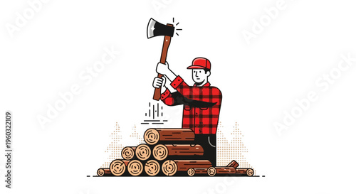 Lumberjack Chopping Wood With Axe In Forest Style Illustration