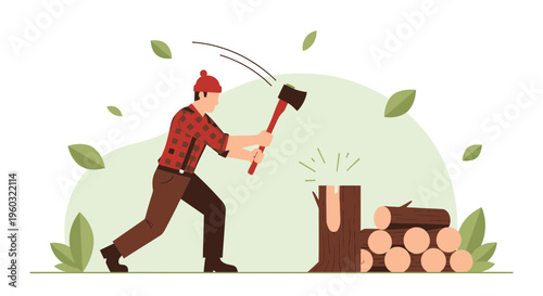 Lumberjack Chopping Wood With Axe In A Forest With Leaves And Logs