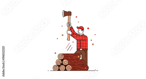 Lumberjack Holding Axe Above Stacked Firewood Flat Design Style