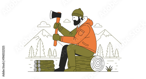 Lumberjack With Axe Resting On Log Amidst Mountain Scenery