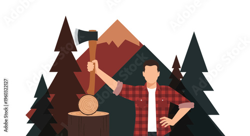 Lumberjack Holding Axe With Mountain Forest Background Scene