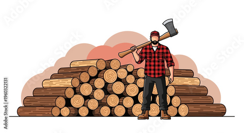 Lumberjack Holding Axe Standing By Stacked Firewood Logs