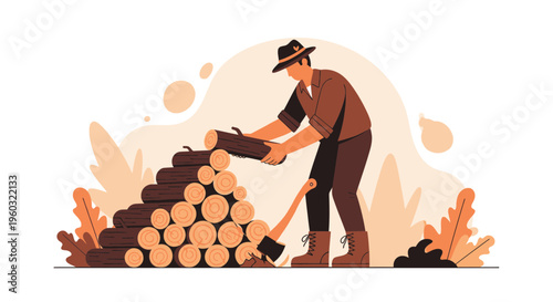 Lumberjack Piling Firewood For Winter Season