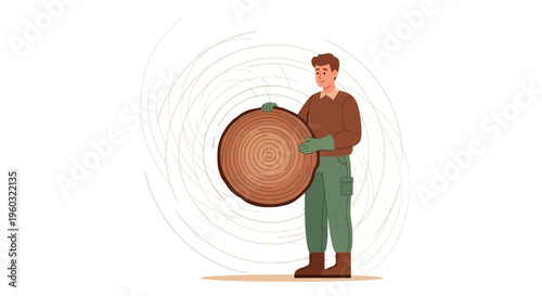 Lumberjack Holding Large Wood Round With Swirling Lines
