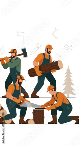 Lumberjacks Working Together To Process Wood With Tools And Trees