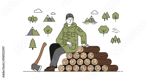 Lumberjack Resting Amidst Stacked Firewood Surrounded By Mountain Scenery