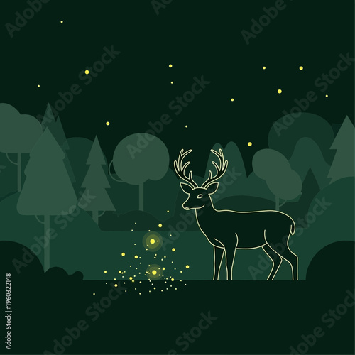 Magical Forest At Night With A Majestic Deer Surrounded By Glowing Fireflies