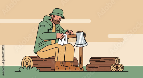 Lumberjack Sharpening Axe Next To Firewood Pile