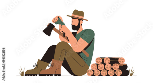 Lumberjack Sharpening Axe Near Stacked Firewood