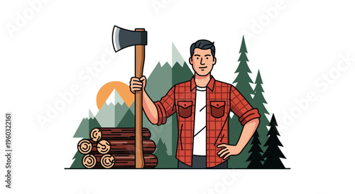 Lumberjack Standing Proudly With Axe And Woodpile
