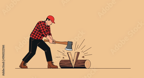 Lumberjack Splitting Wood With Axe In A Minimalist Style