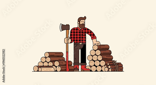 Lumberjack With Axe And Stacks Of Firewood Holding Logs Professionally