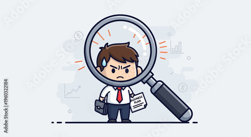 Magnifying Glass Focuses On Stressed Businessman With Business Plan Document And Briefcase
