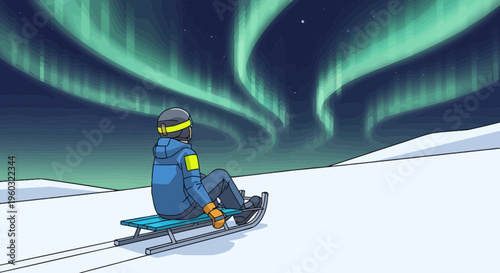Majestic Northern Lights Display Above Snowy Landscape With Sled Rider