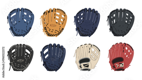 Set of baseball and softball gloves in various colors. Flat vector illustration of sports mitts on white background.