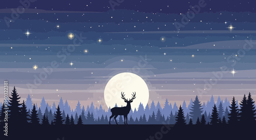 Majestic Stag Silhouette Against A Full Moon In A Starry Forest