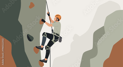 Man Ascending Rocky Face While Secured by Rope and Harness