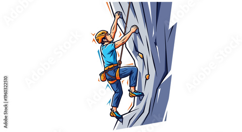 Man Ascending Rocky Face With Rope And Harness Climbing Adventure