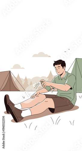 Man Applying Insect Repellent During Outdoor Camping Adventure