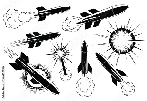 Combat guided homing missile vector, flying at high speed, ballistic or anti-aircraft weapon illustration, war-themed icon set on transparent background for military and defense design projects.