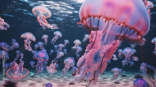Luminous translucent jellyfish drift through deep blue ocean, bioluminescent bells and trailing tentacles