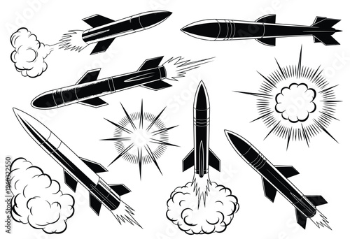 Missile warfare vector icons, combat homing and ballistic missiles in motion, anti-aircraft illustration set, isolated on transparent background for defense, tactical, and military graphics.