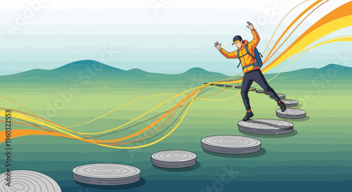 Man Ascending Stepping Stones Toward Future Success and Opportunity