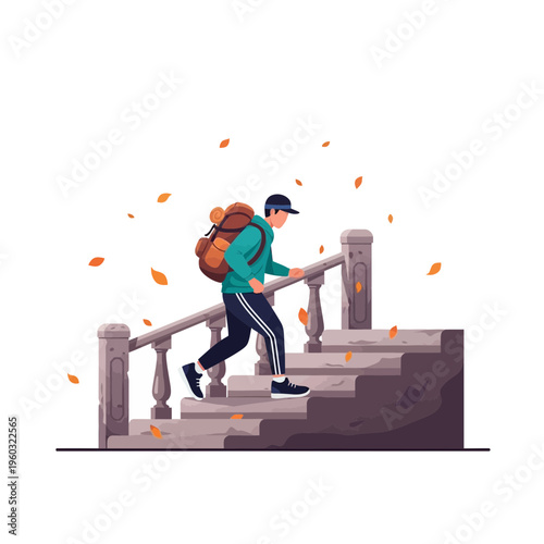 Man Ascending Stone Stairs Laden With Backpack Autumn Season