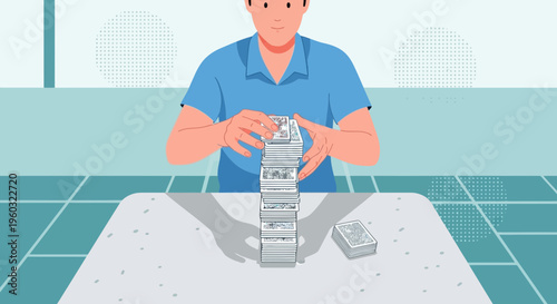 Man Building Tall Stack Of Playing Cards Demonstrating Concentration And Precision