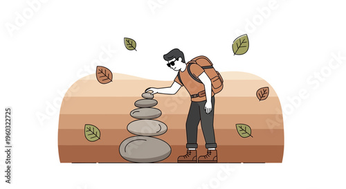 Man Building Cairn Reflecting Outdoor Calmness and Nature